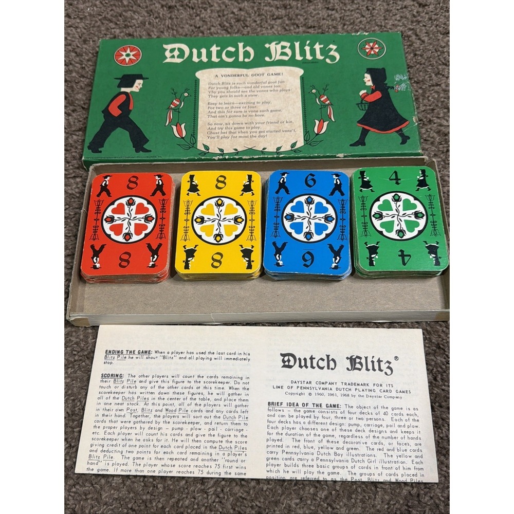 Vintage 1968 Dutch Blitz Card Game Daystar Co Complete 4 decks PA Dutch